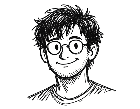 a pen sketch of jagger: round glasses, messy hair, easy smile